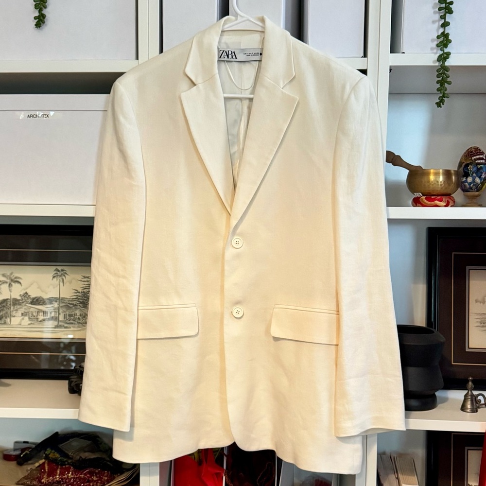 Zara Linen Blend Blazer S Cream Ivory